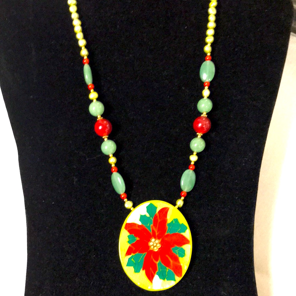 Vtg Lee Sands Poinsettia Inlaid Design With Jadeite Pearl Beaded Necklace 27$